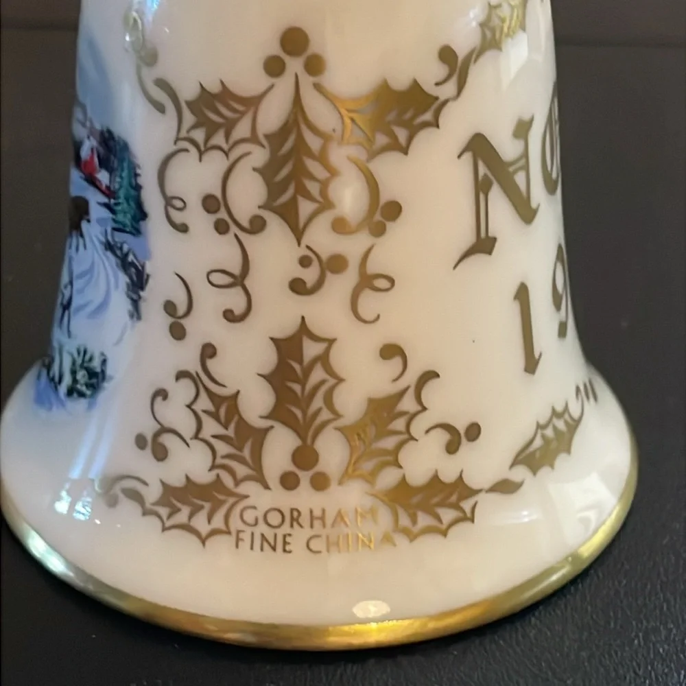 Gorham Fine China Courier and Ives Noel 1981 Porcelain Bell Christmas Gold Trim